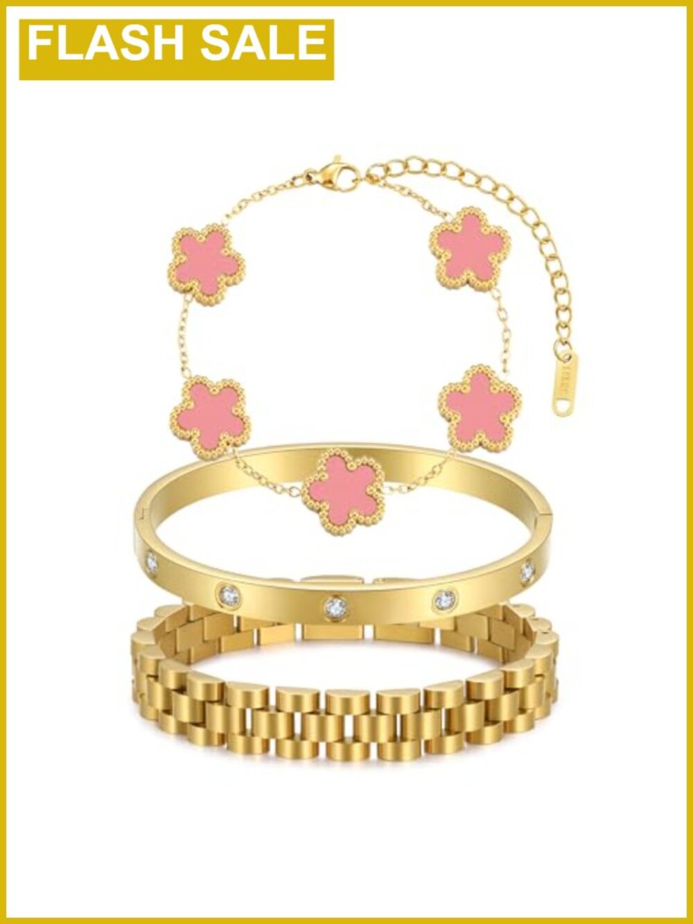 Stackable Four Leaf Clover Bracelets Women 18K Gold Plated Bangle Set